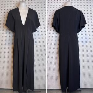 Black Deep V-Neck Flutter Sleeve Maxi Dress Minimalist Evening Formal